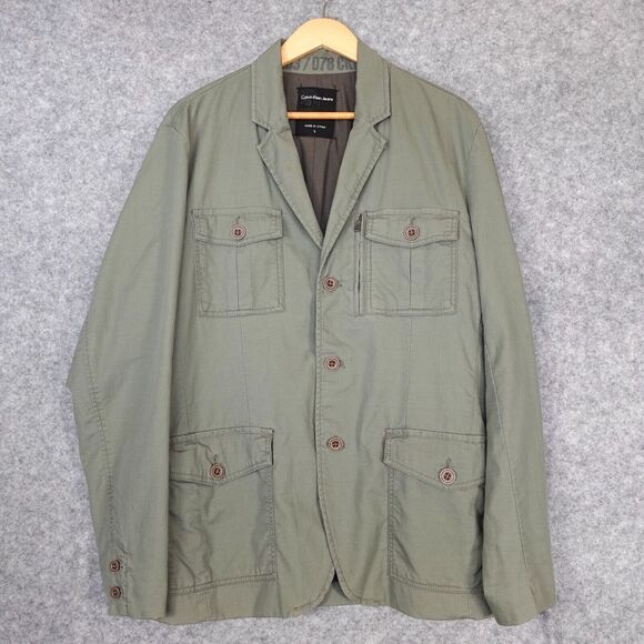 Calvin Klein Blazer Men Medium Green Military Utility Cotton Jacket Chore Safari - Picture 1 of 16